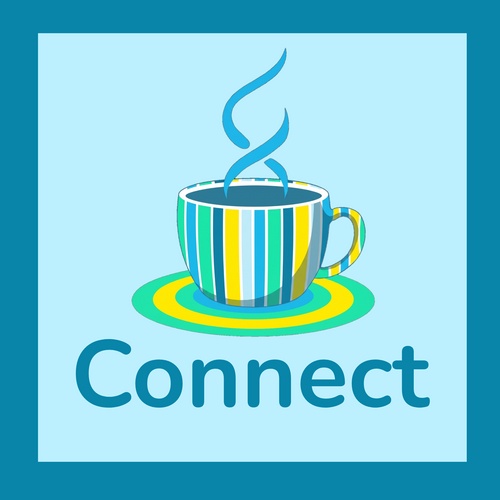 A stripy cup in shades of blue, green and yellow sits on a saucer on a plain, pale blue background with a darker border. The steam rising from the cup creates the letter X. Beneath this image is the word 'Connect'
